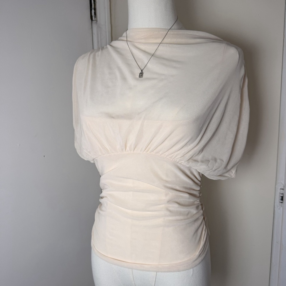 Women's Ivory Sheer Ruched Top Size Small Short Sleeve Blouse Shirt